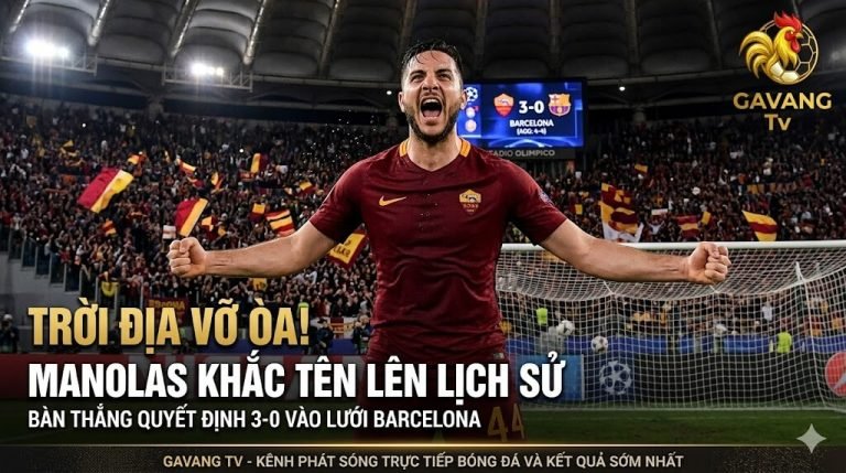 Trung vệ Kostas Manolas ăn mừng bàn thắng ấn định màn lội ngược dòng giúp AS Roma loại Barcelona nhờ luật bàn thắng sân khách mùa 2017-18.