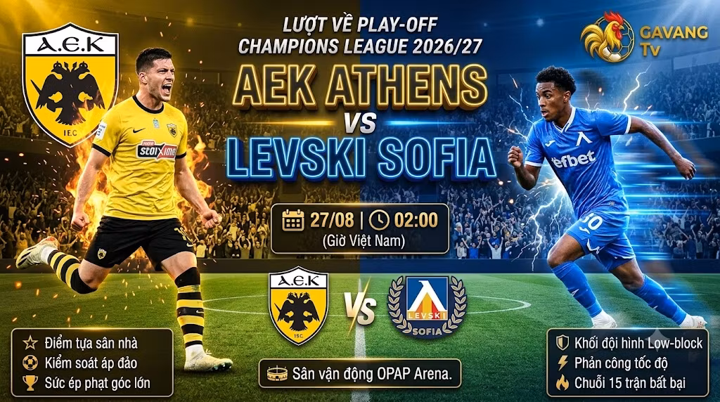 Nhận định trực tiếp bóng đá trận AEK Athens vs Levski Sofia lúc 02h00 ngày 27/08 lượt về Play-off Champions League trên Gavang TV.