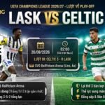 Banner nhận định trận đấu LASK vs Celtic lượt về vòng play-off Champions League 2026/27. Trực quan hóa thông tin thời gian, địa điểm thi đấu cùng hình ảnh hai ngôi sao Samuel Adeniran và Camilo Durán, thiết kế độc quyền bởi Gavang TV.