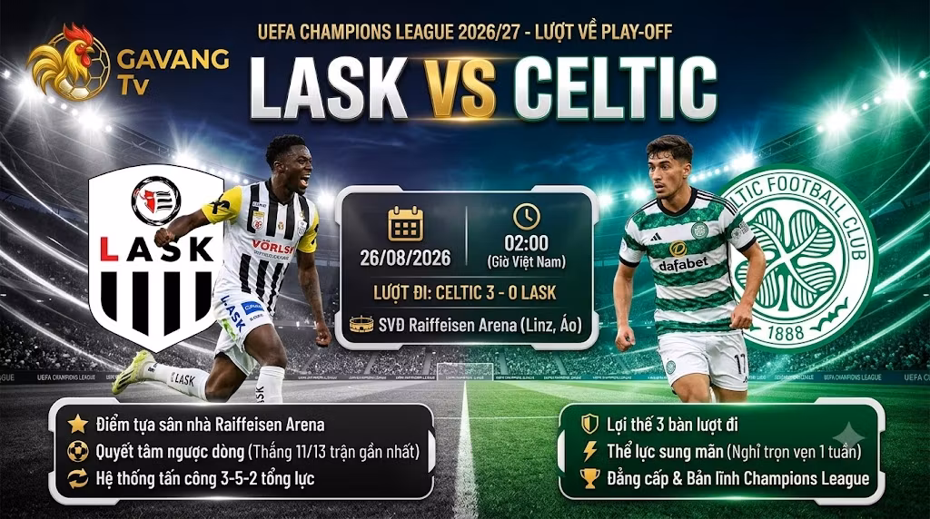 Banner nhận định trận đấu LASK vs Celtic lượt về vòng play-off Champions League 2026/27. Trực quan hóa thông tin thời gian, địa điểm thi đấu cùng hình ảnh hai ngôi sao Samuel Adeniran và Camilo Durán, thiết kế độc quyền bởi Gavang TV.