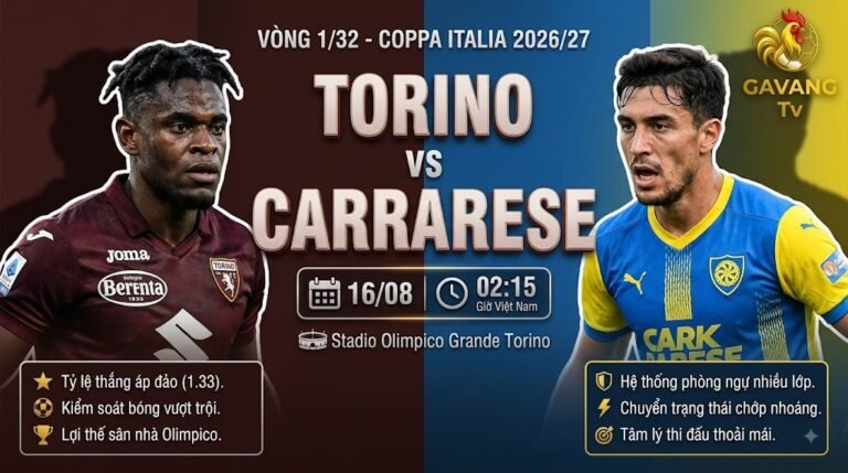 Ảnh bìa nhận định trận đấu Torino vs Carrarese vòng 1/32 Coppa Italia 2026/27 với các thông tin nổi bật trước trận trên Gavang TV.